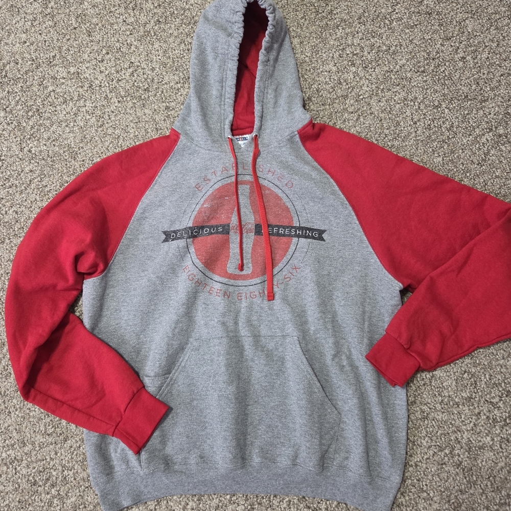 Y2K Coca-Cola Raglan Hoodie Gray Red Size XL Jerzees